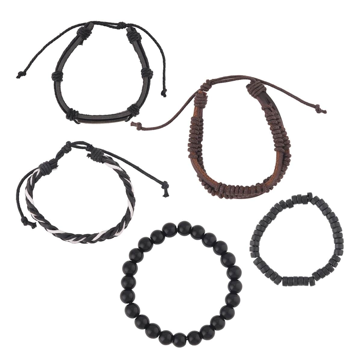 Set of 5 Black Onyx, Wooden Beaded and Faux Leather Best Friend Men's Bracelets in Silvertone (Stretch & Adjustable) 137.00 ctw image number 0