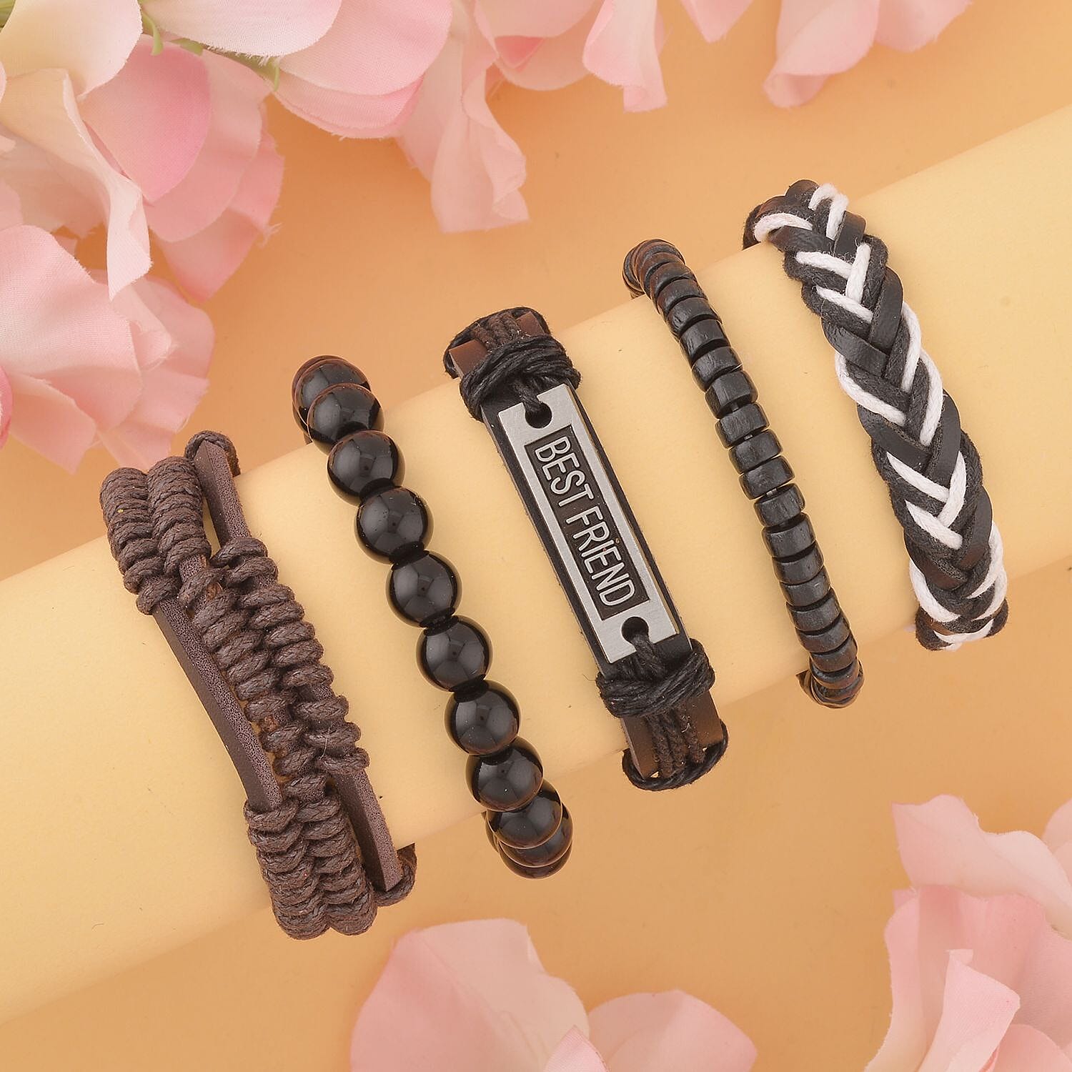 Set of 5 Black Onyx, Wooden Beaded and Faux Leather Best Friend Men's Bracelets in Silvertone (Stretch & Adjustable) 137.00 ctw