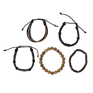 Set of 5 Unakite, Wooden Beaded, Faux Leather Motorcycle Men's Bracelets in Blacktone (Stretch & Adjustable) 160.00 ctw