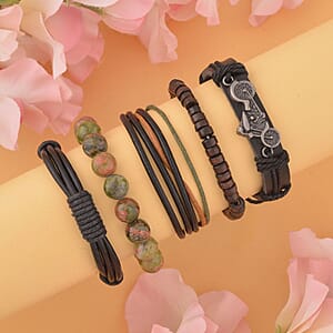 Set of 5 Unakite, Wooden Beaded, Faux Leather Motorcycle Men's Bracelets in Blacktone (Stretch & Adjustable) 160.00 ctw
