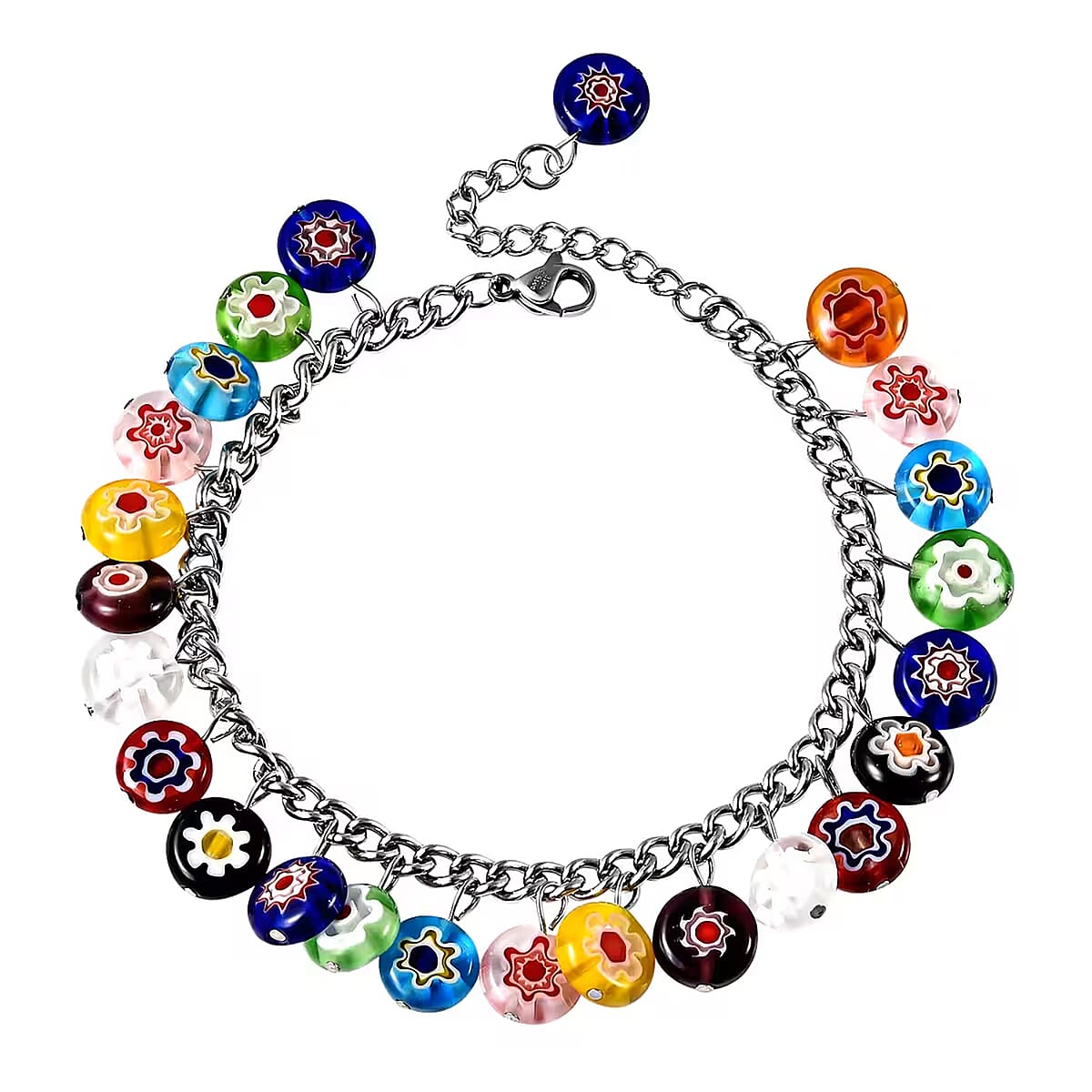 Multi Color Murano Style Charm Bracelet (7.50-11In) in Stainless Steel image number 0