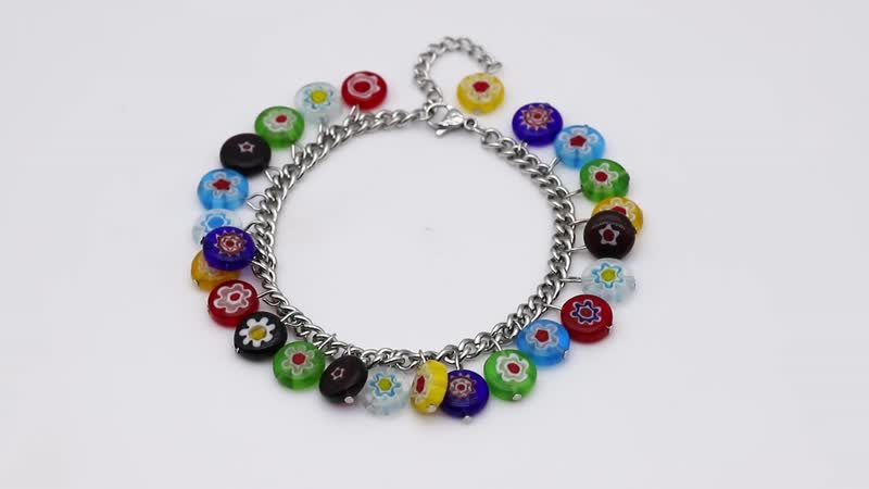 Multi Color Murano Style Charm Bracelet (7.50-11In) in Stainless Steel