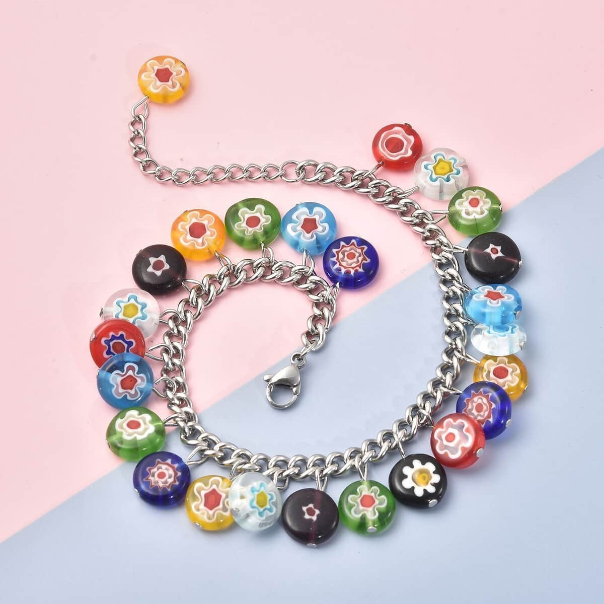 Multi Color Murano Style Charm Bracelet (7.50-11In) in Stainless Steel image number 1