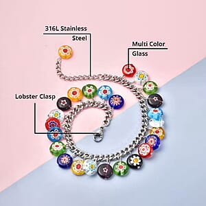 Multi Color Murano Style Charm Bracelet in Stainless Steel (7.50-11In)