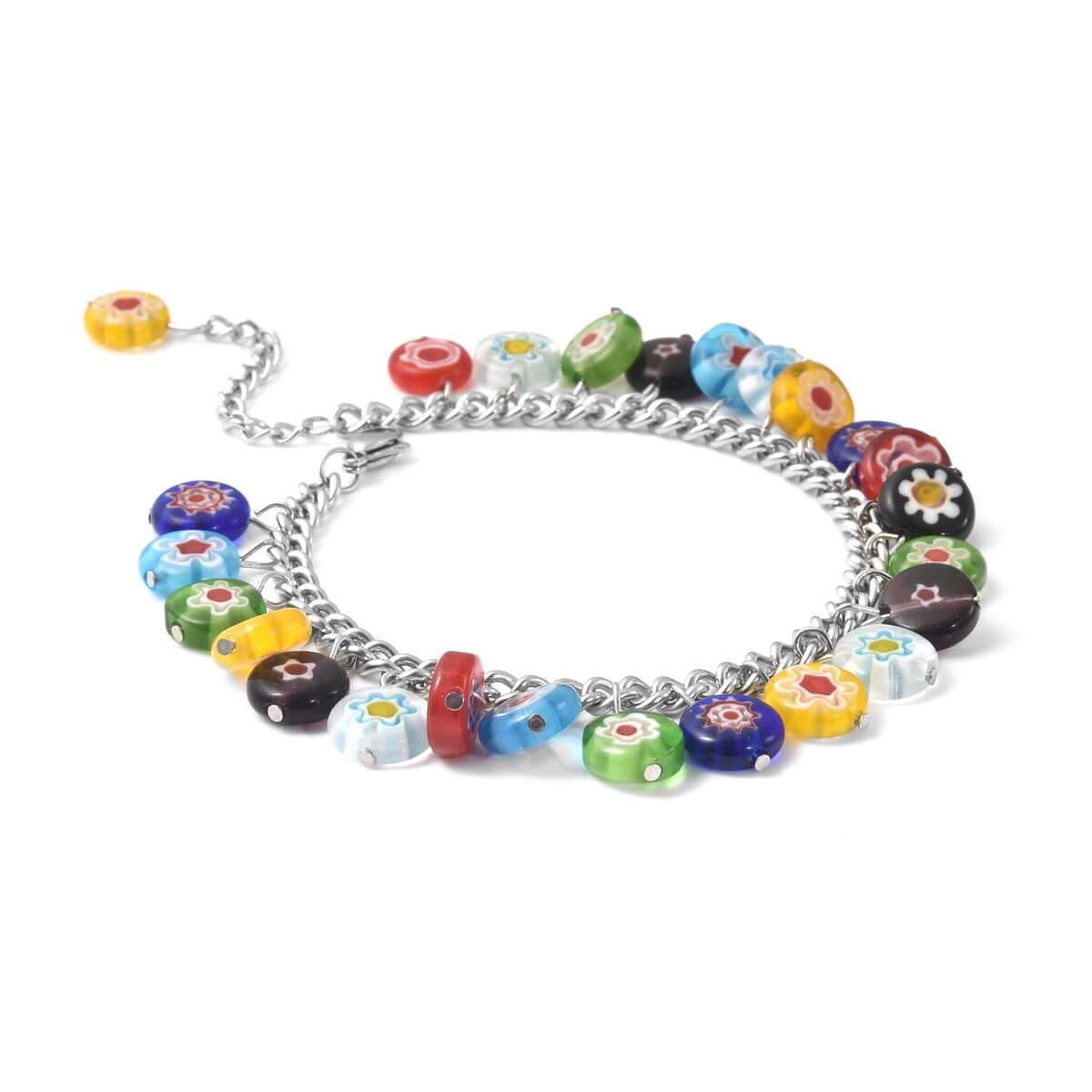 Multi Color Murano Style Charm Bracelet (7.50-11In) in Stainless Steel image number 2