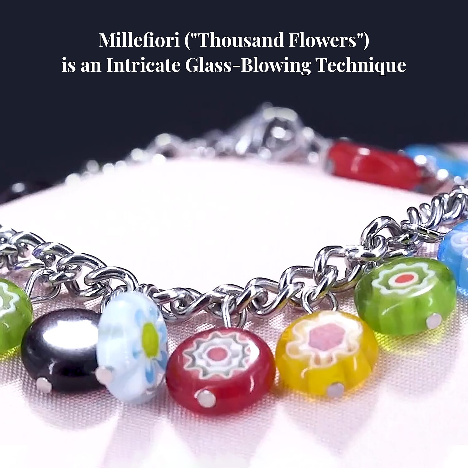 Multi Color Murano Style Charm Bracelet (7.50-11In) in Stainless Steel