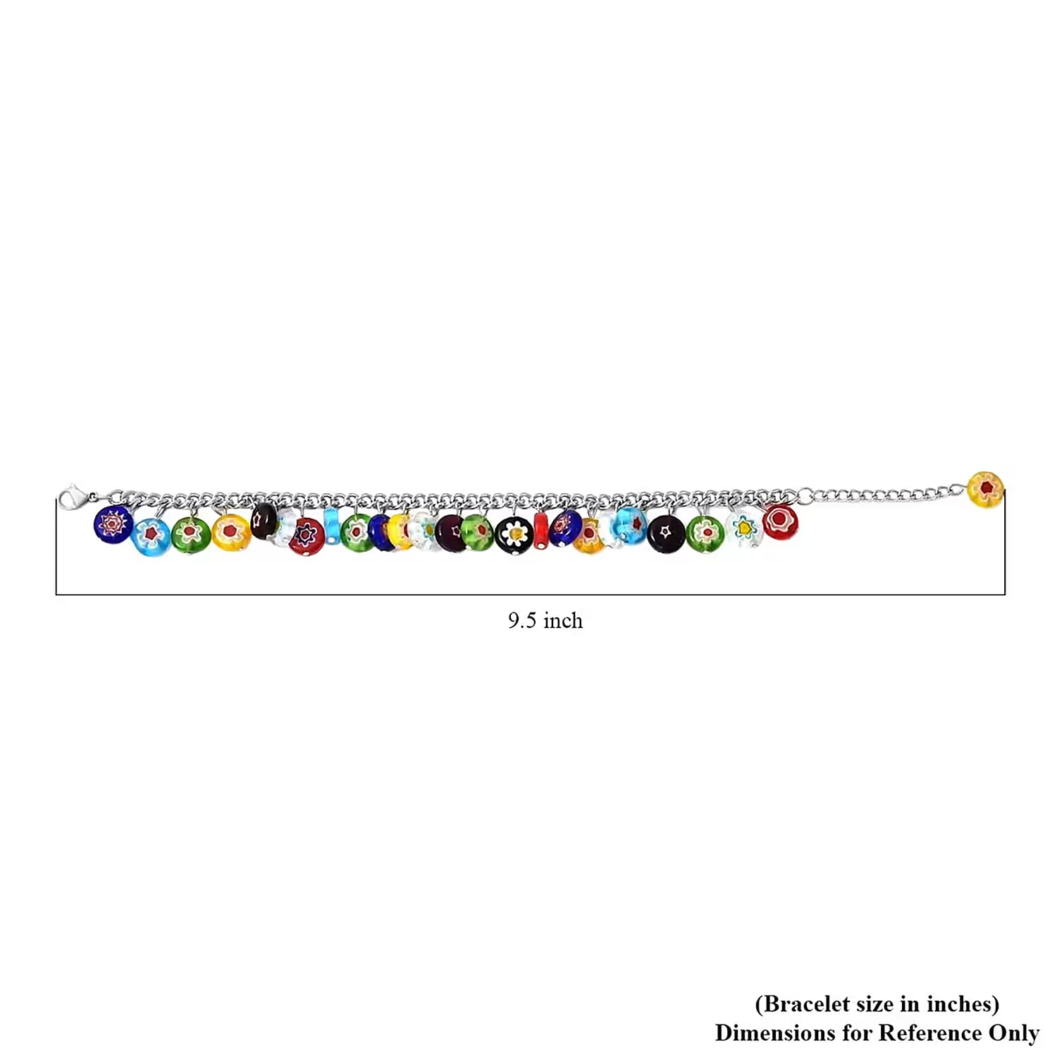 Multi Color Murano Style Charm Bracelet (7.50-11In) in Stainless Steel