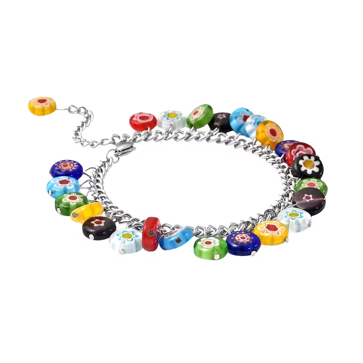 Multi Color Murano Style Charm Bracelet (7.50-11In) in Stainless Steel