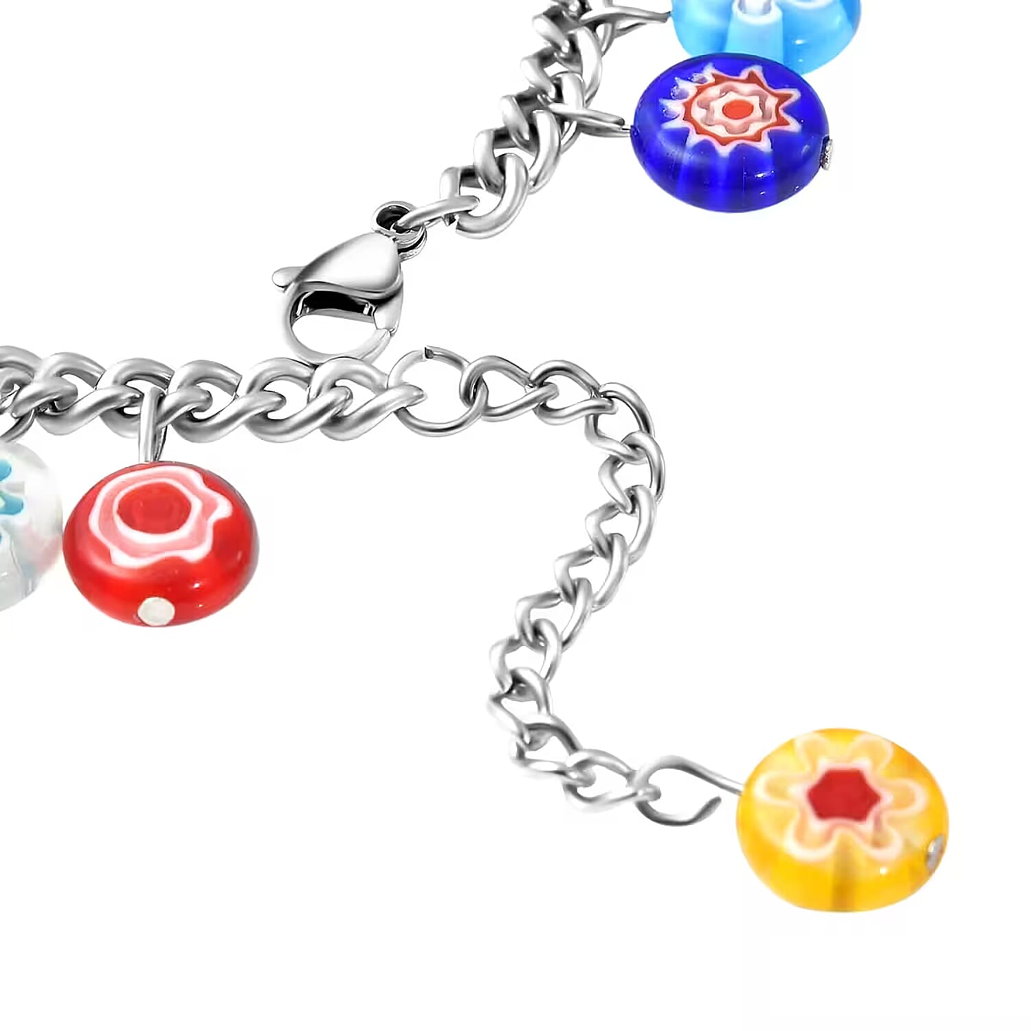 Multi Color Murano Style Charm Bracelet (7.50-11In) in Stainless Steel