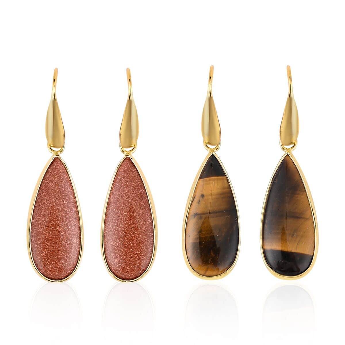Set of 2 Goldstone and Tiger's Eye Earrings in Goldtone & ION Plated Yellow Gold Stainless Steel 40.00 ctw image number 0