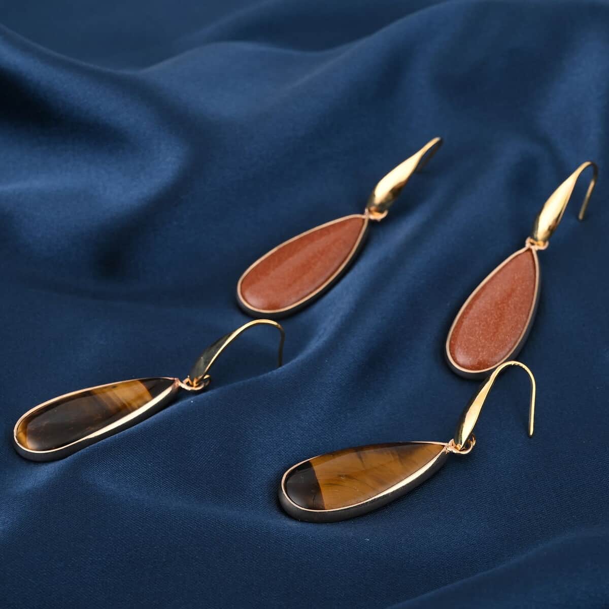 Set of 2 Goldstone and Tiger's Eye Earrings in Goldtone & ION Plated Yellow Gold Stainless Steel 40.00 ctw image number 1