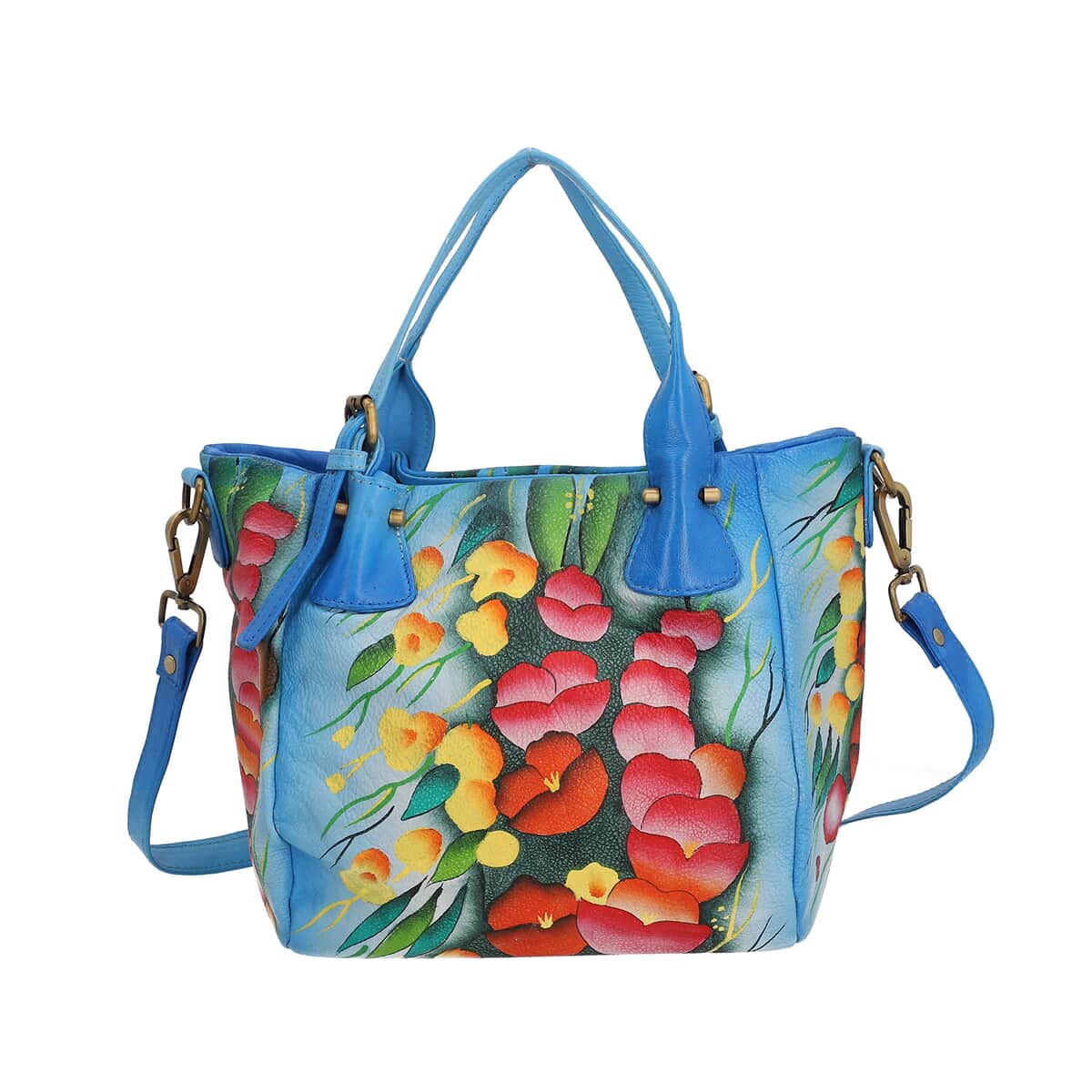 SUKRITI Blue Poppy Flower Hand Painted 100% Genuine Leather Satchel Bag for Women image number 0