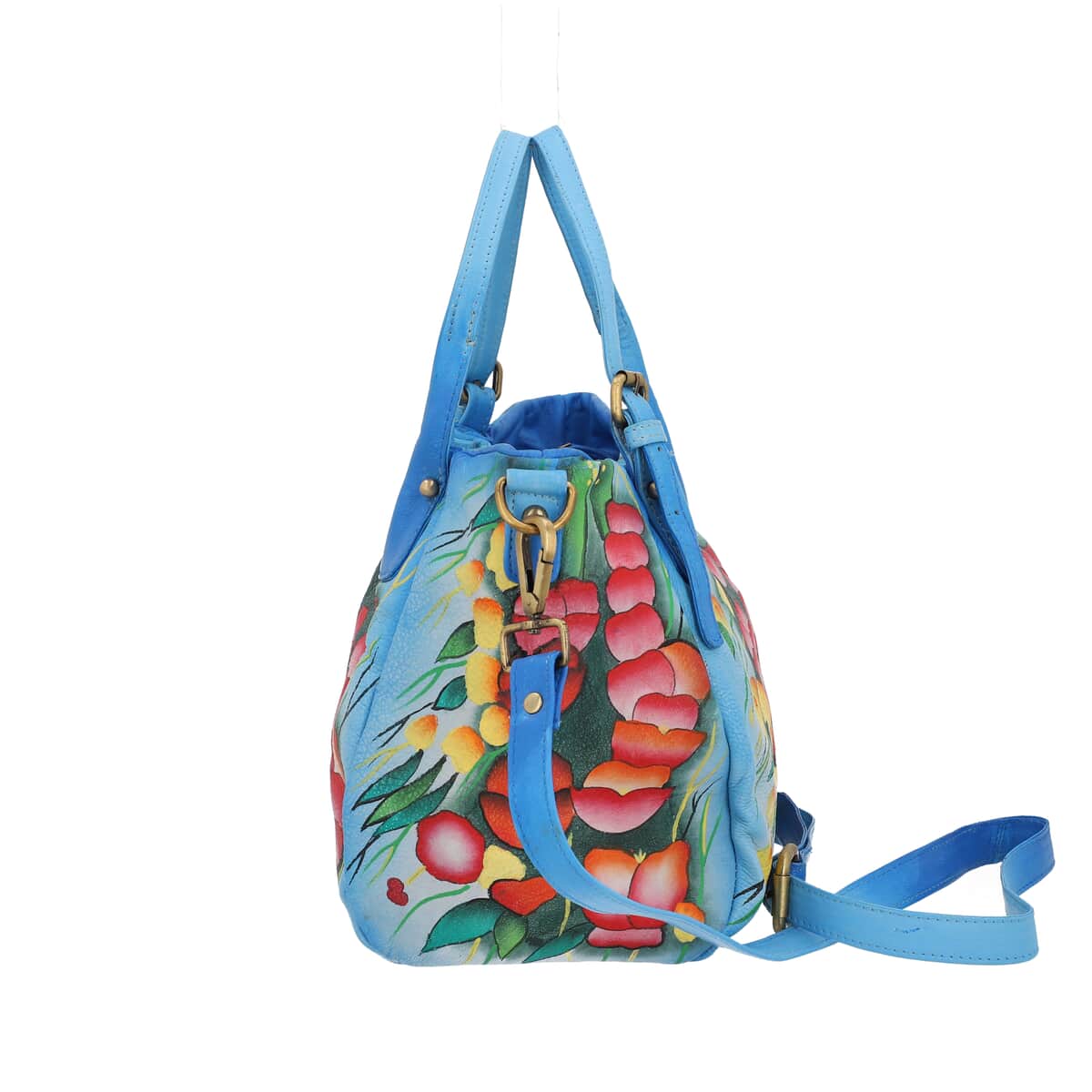 SUKRITI Blue Poppy Flower Hand Painted 100% Genuine Leather Satchel Bag for Women image number 4