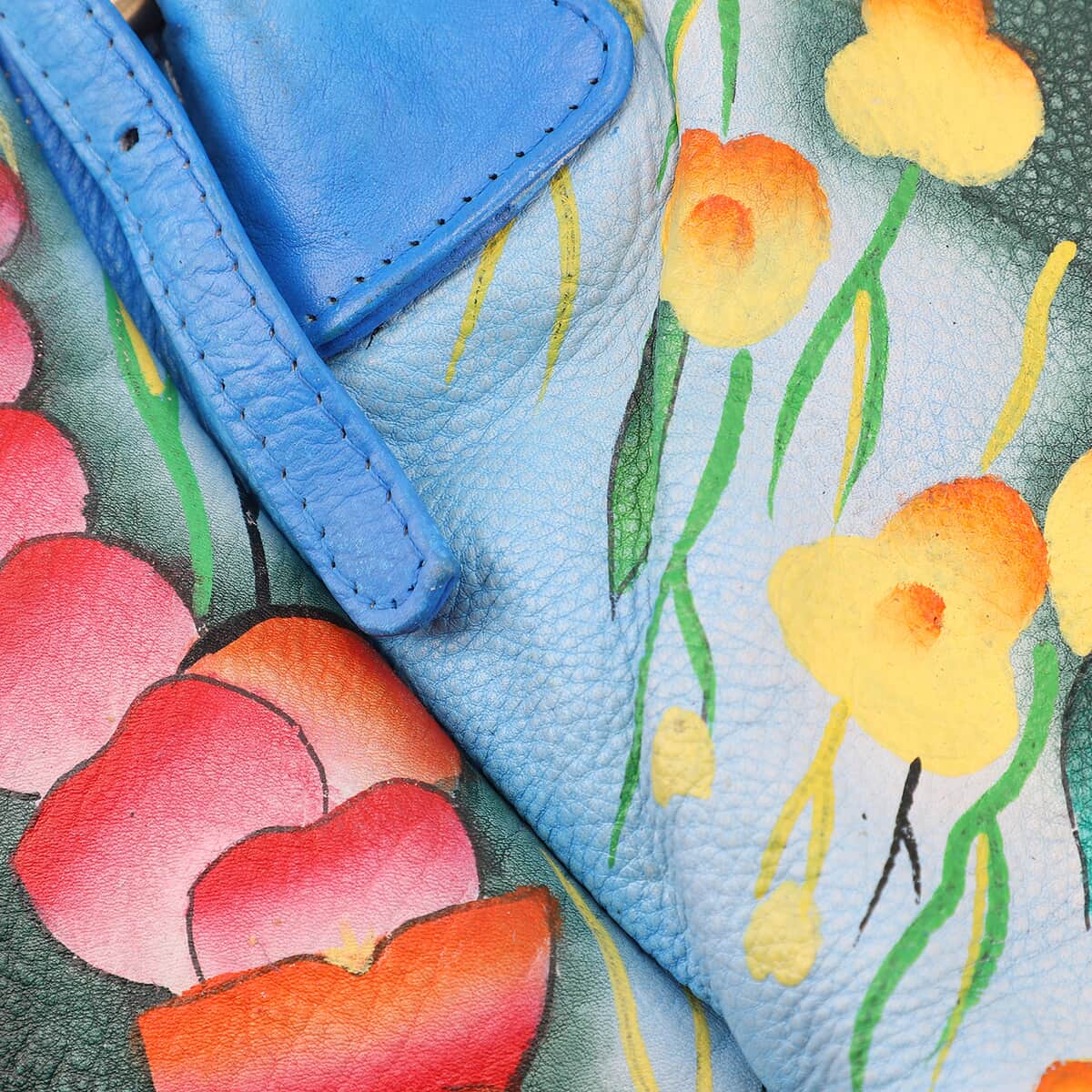 SUKRITI Blue Poppy Flower Hand Painted 100% Genuine Leather Satchel Bag for Women image number 5