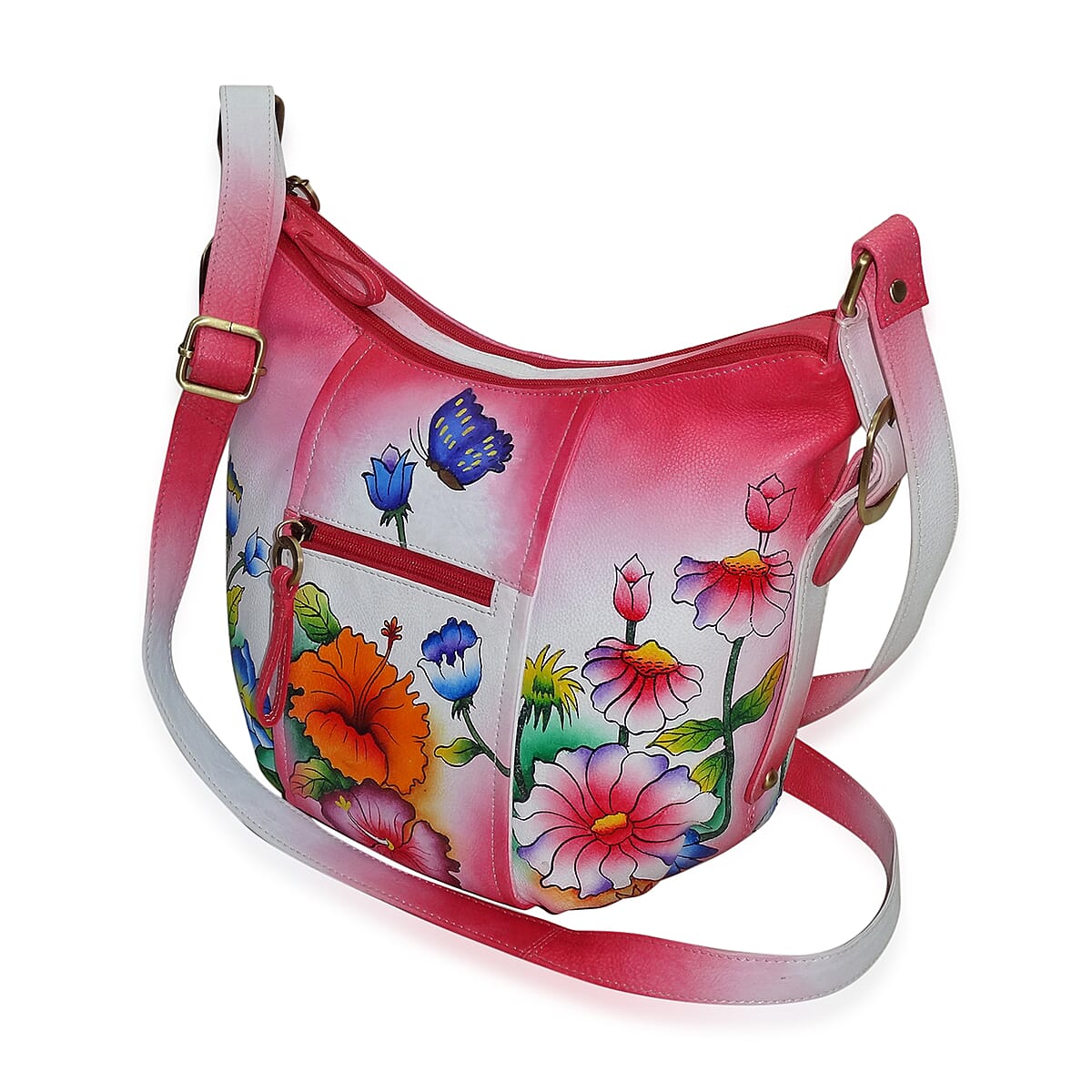 SUKRITI - Magenta Garden Hand Painted Genuine Leather Bucket Bag with Standing Studs (13x4.5x10 in) image number 1