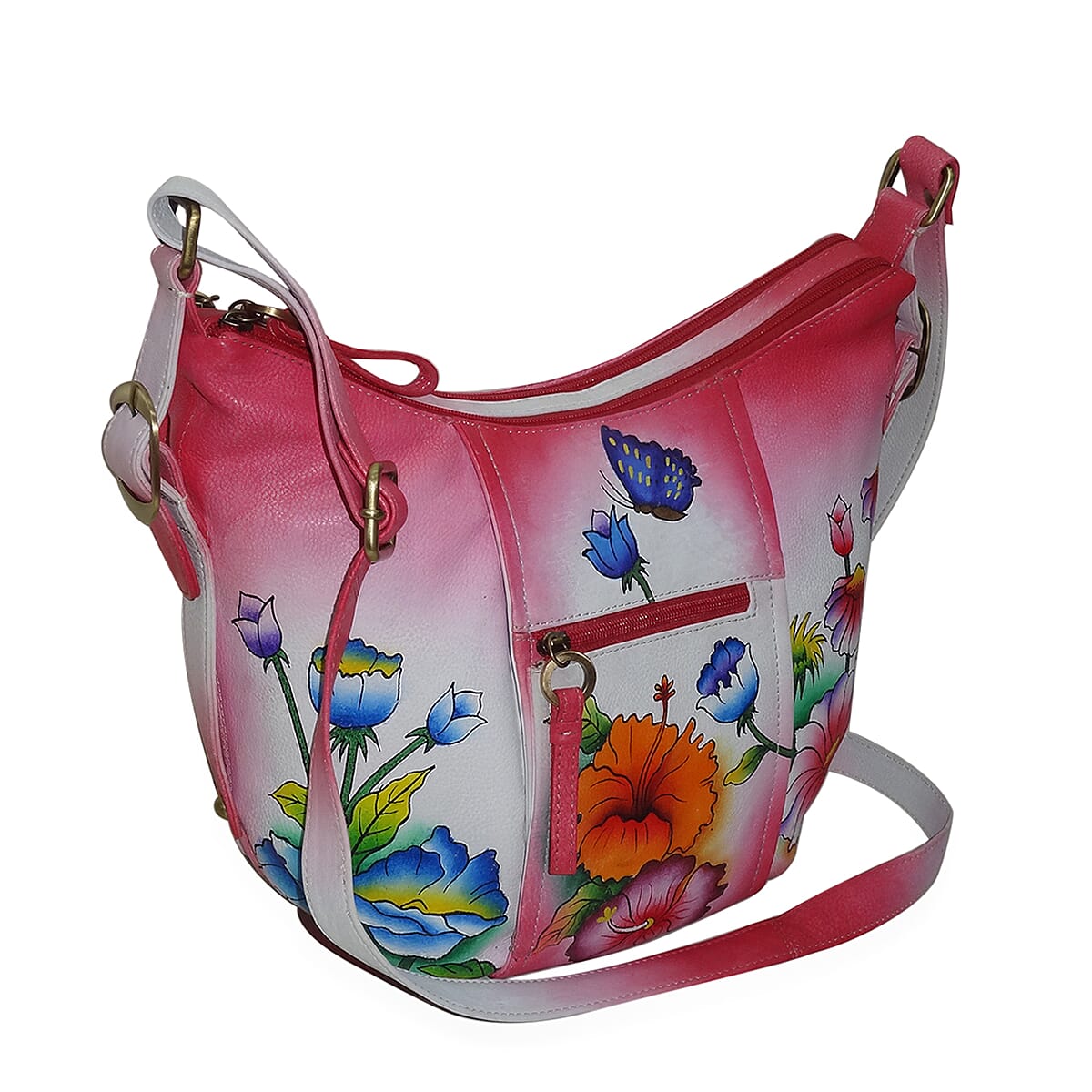 SUKRITI - Magenta Garden Hand Painted Genuine Leather Bucket Bag with Standing Studs (13x4.5x10 in) image number 2
