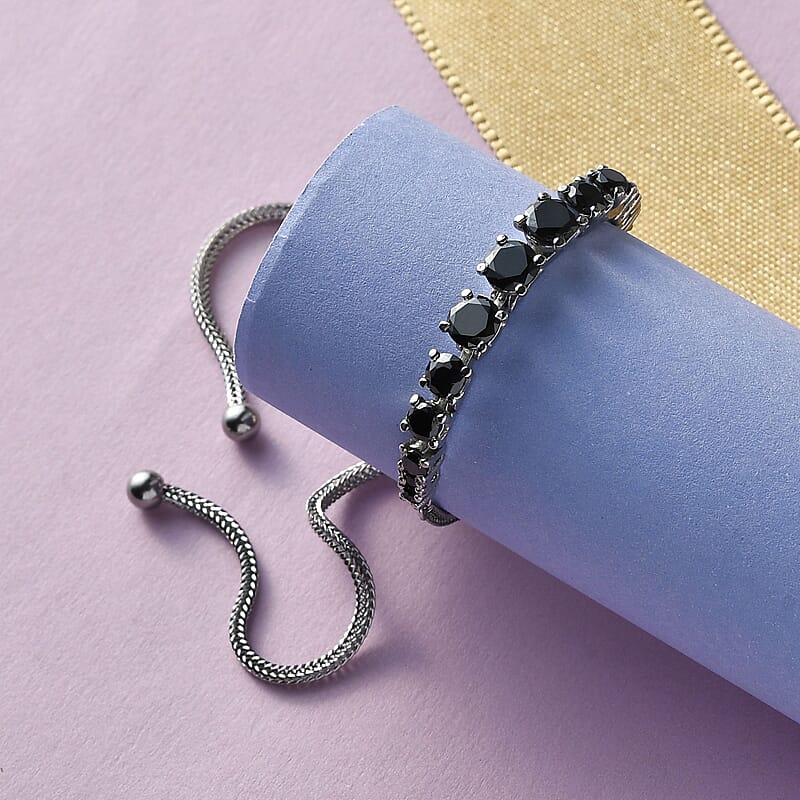 Simulated Black Diamond Bolo Bracelet in Stainless Steel