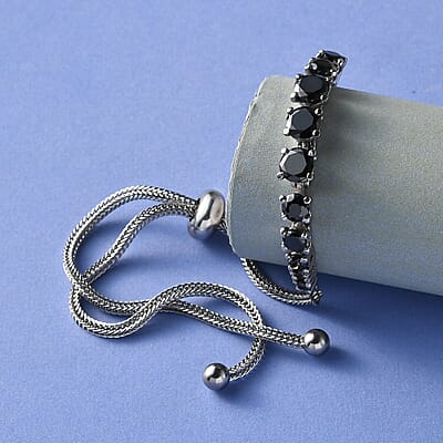 Simulated Black Diamond Bolo Bracelet in Stainless Steel