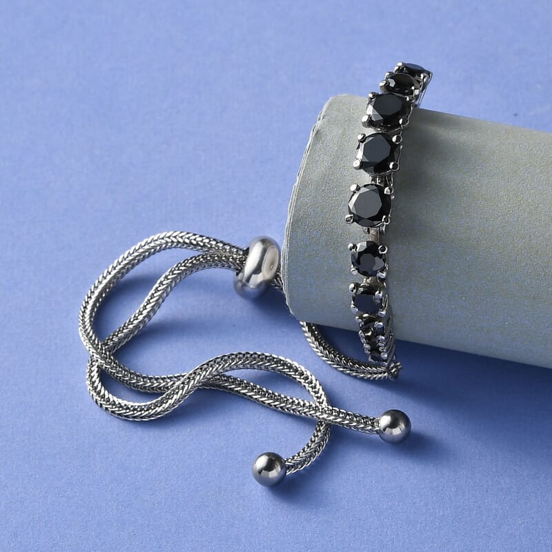 Simulated Black Diamond Bolo Bracelet in Stainless Steel
