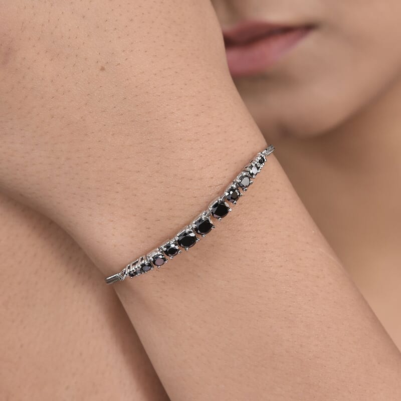 Simulated Black Diamond Bolo Bracelet in Stainless Steel