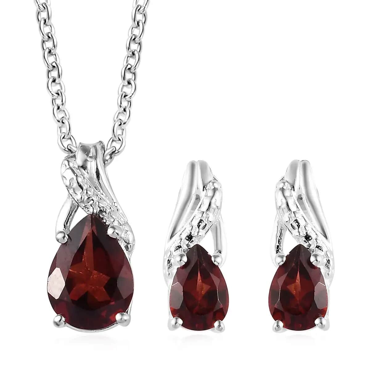Mozambique Garnet Earrings and Pendant Necklace Jewelry Set, Sterling Silver and Stainless Steel Jewelry Set, Set of Garnet Earrings and Garnet Pendant Necklace 2.25 ctw image number 0