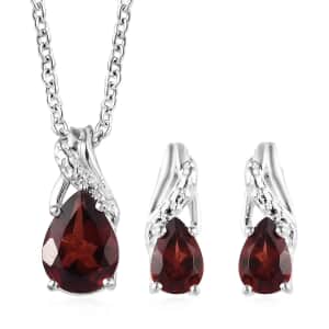 Mozambique Garnet Earrings and Pendant Necklace Jewelry Set, Sterling Silver and Stainless Steel Jewelry Set, Set of Garnet Earrings and Garnet Pendant Necklace 2.25 ctw