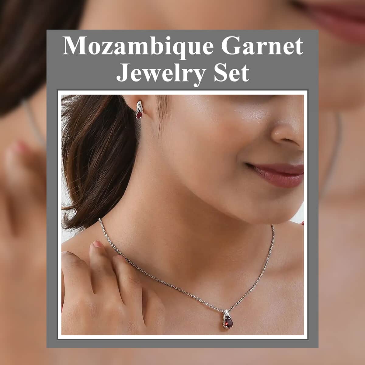 Mozambique Garnet Earrings and Pendant Necklace Jewelry Set, Sterling Silver and Stainless Steel Jewelry Set, Set of Garnet Earrings and Garnet Pendant Necklace 2.25 ctw image number 1