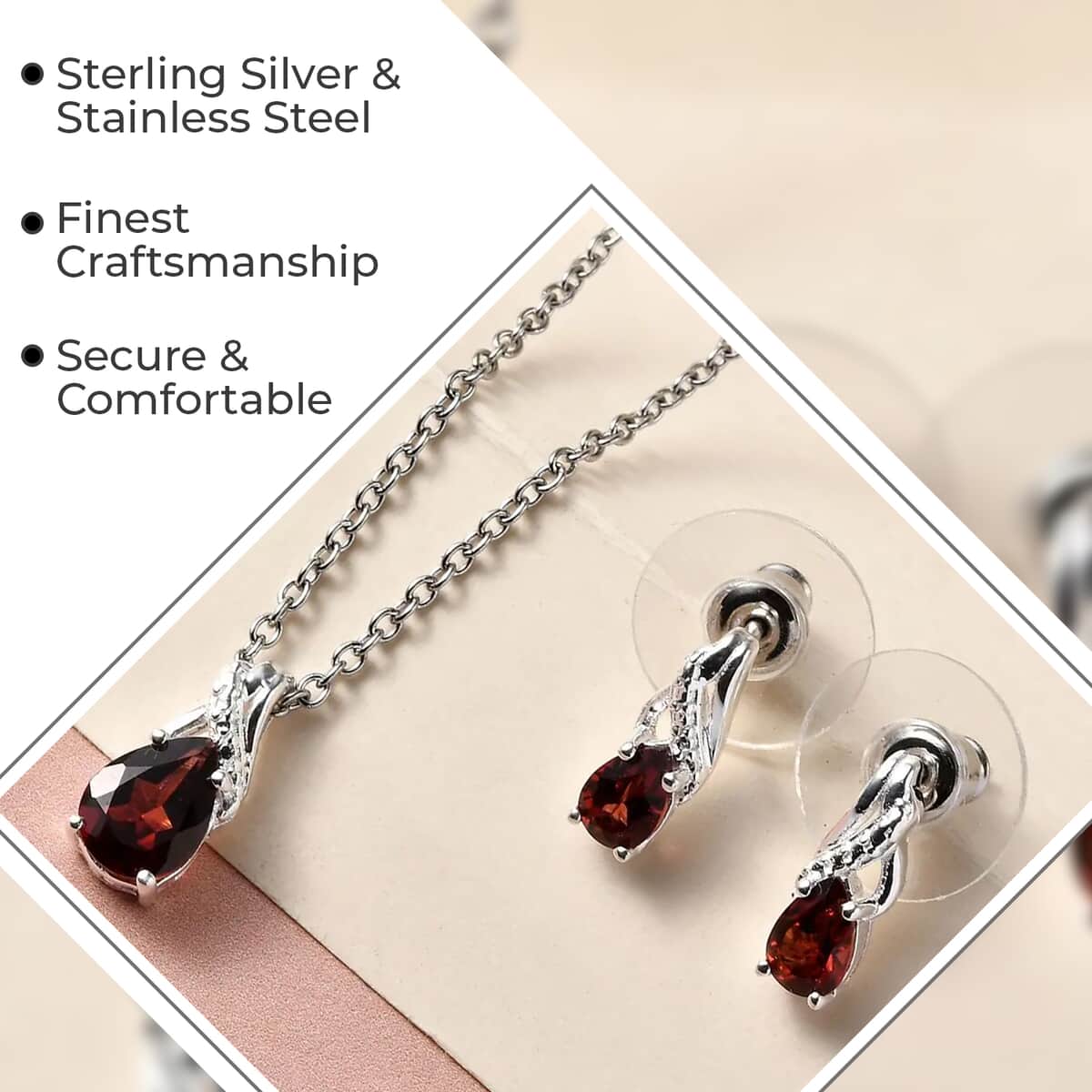 Mozambique Garnet Earrings and Pendant Necklace Jewelry Set, Sterling Silver and Stainless Steel Jewelry Set, Set of Garnet Earrings and Garnet Pendant Necklace 2.25 ctw image number 3