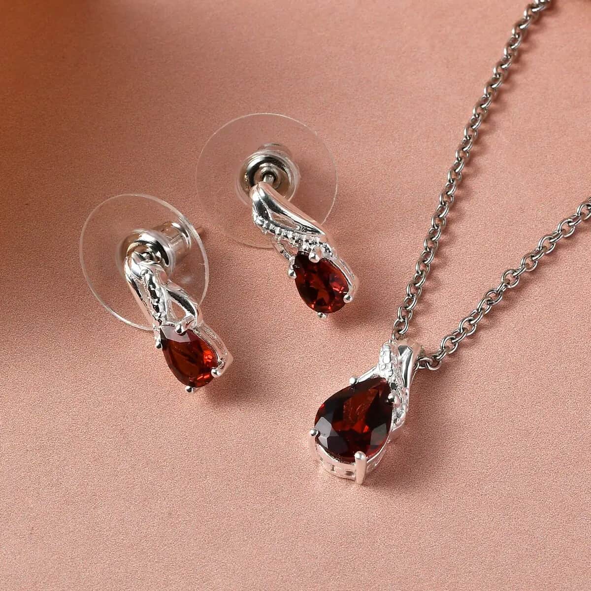 Mozambique Garnet Earrings and Pendant Necklace Jewelry Set, Sterling Silver and Stainless Steel Jewelry Set, Set of Garnet Earrings and Garnet Pendant Necklace 2.25 ctw image number 4