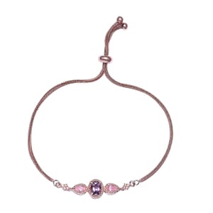 Karis Rose De France Amethyst Bolo Bracelet in 18K Rose Gold Plated, Adjustable Simulated Diamond Ball Bracelet For Women