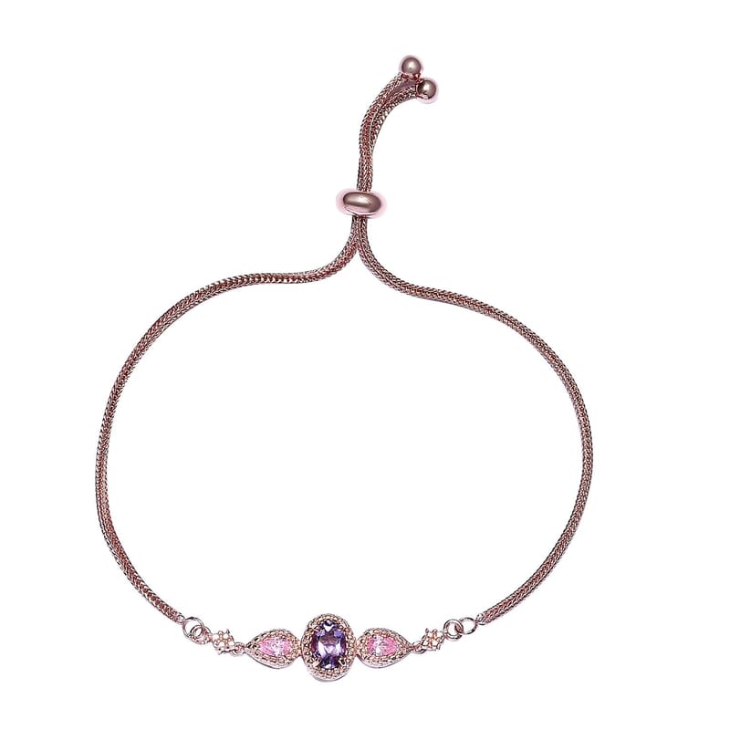 EverTrue Rose De France Amethyst Bolo Bracelet in 18K Rose Gold Plated, Adjustable Simulated Diamond Ball Bracelet For Women