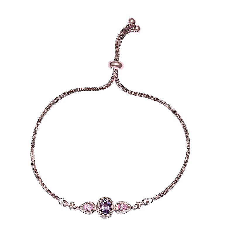 EverTrue Rose De France Amethyst Bolo Bracelet in 18K Rose Gold Plated, Adjustable Simulated Diamond Ball Bracelet For Women