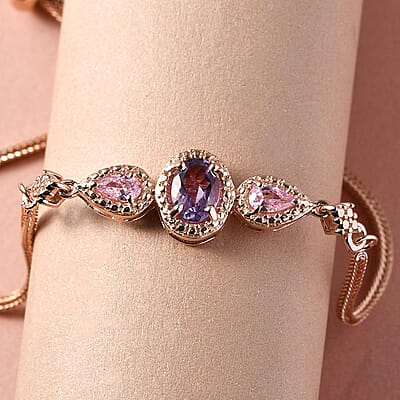 EverTrue Rose De France Amethyst Bolo Bracelet in 18K Rose Gold Plated, Adjustable Simulated Diamond Ball Bracelet For Women