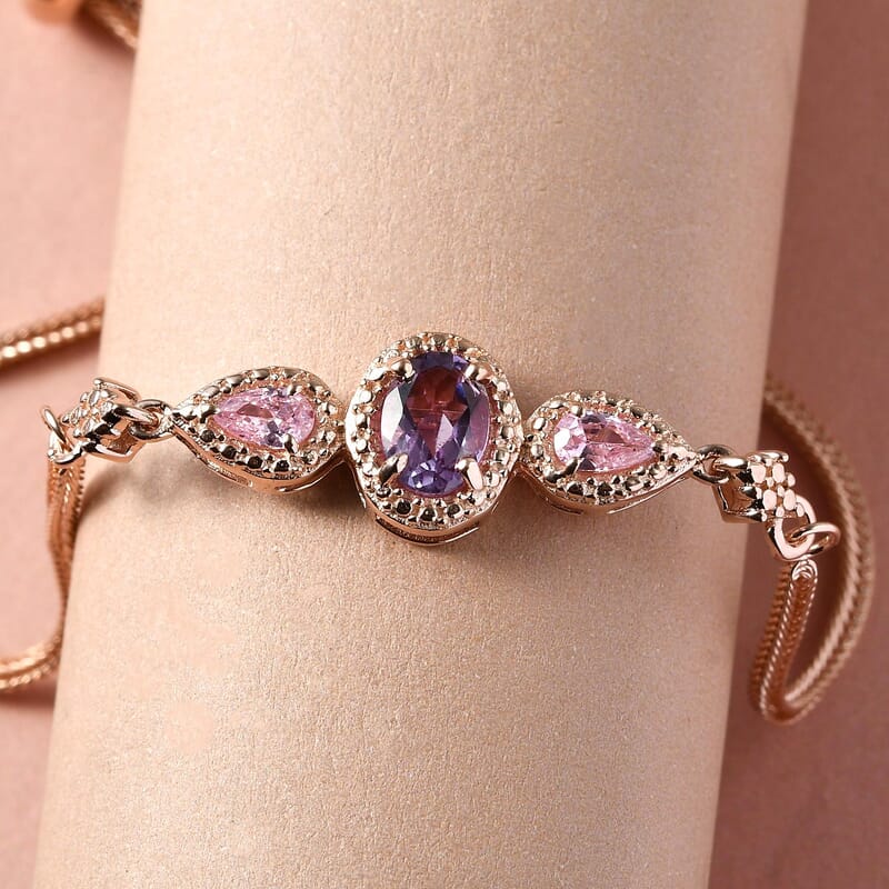 EverTrue Rose De France Amethyst Bolo Bracelet in 18K Rose Gold Plated, Adjustable Simulated Diamond Ball Bracelet For Women