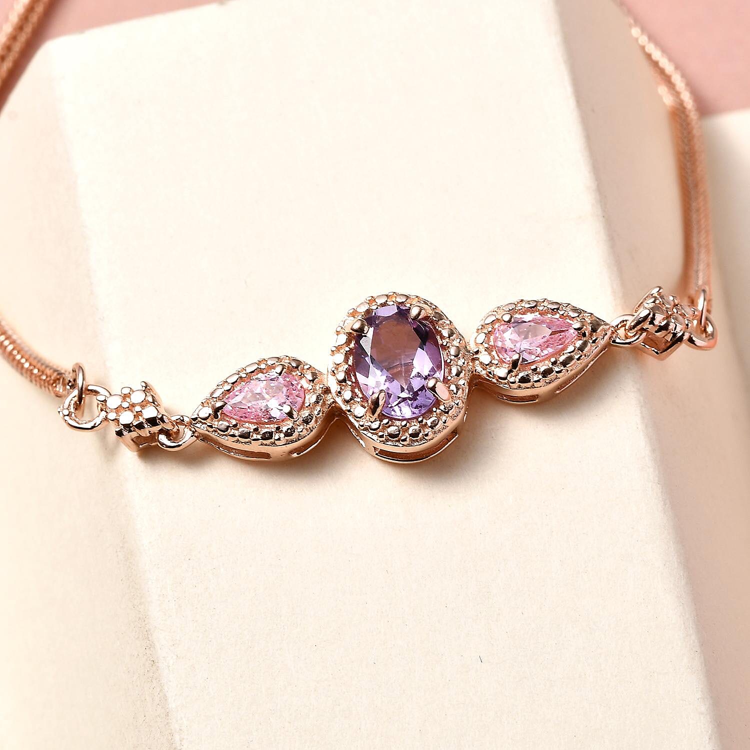 EverTrue Rose De France Amethyst Bolo Bracelet in 18K Rose Gold Plated, Adjustable Simulated Diamond Ball Bracelet For Women