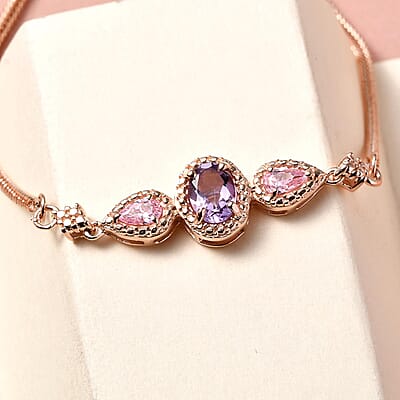 EverTrue Rose De France Amethyst Bolo Bracelet in 18K Rose Gold Plated, Adjustable Simulated Diamond Ball Bracelet For Women