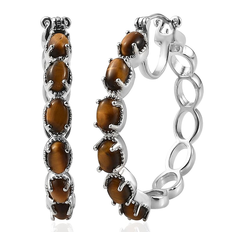 Evertrue Tiger's Eye 7.35 ctw Hoop Earrings in Platinum Bond