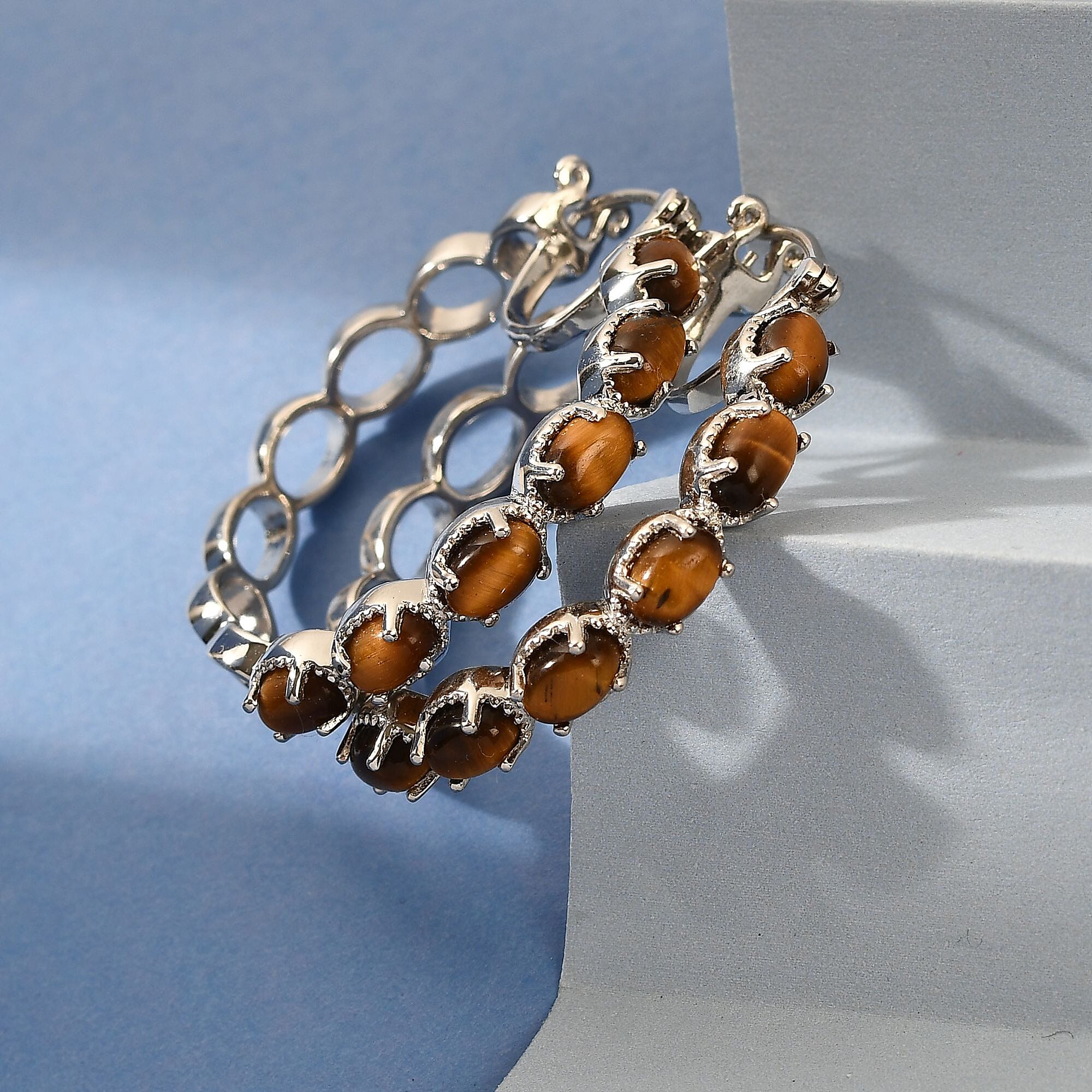 Evertrue Tiger's Eye 7.35 ctw Hoop Earrings in Platinum Bond