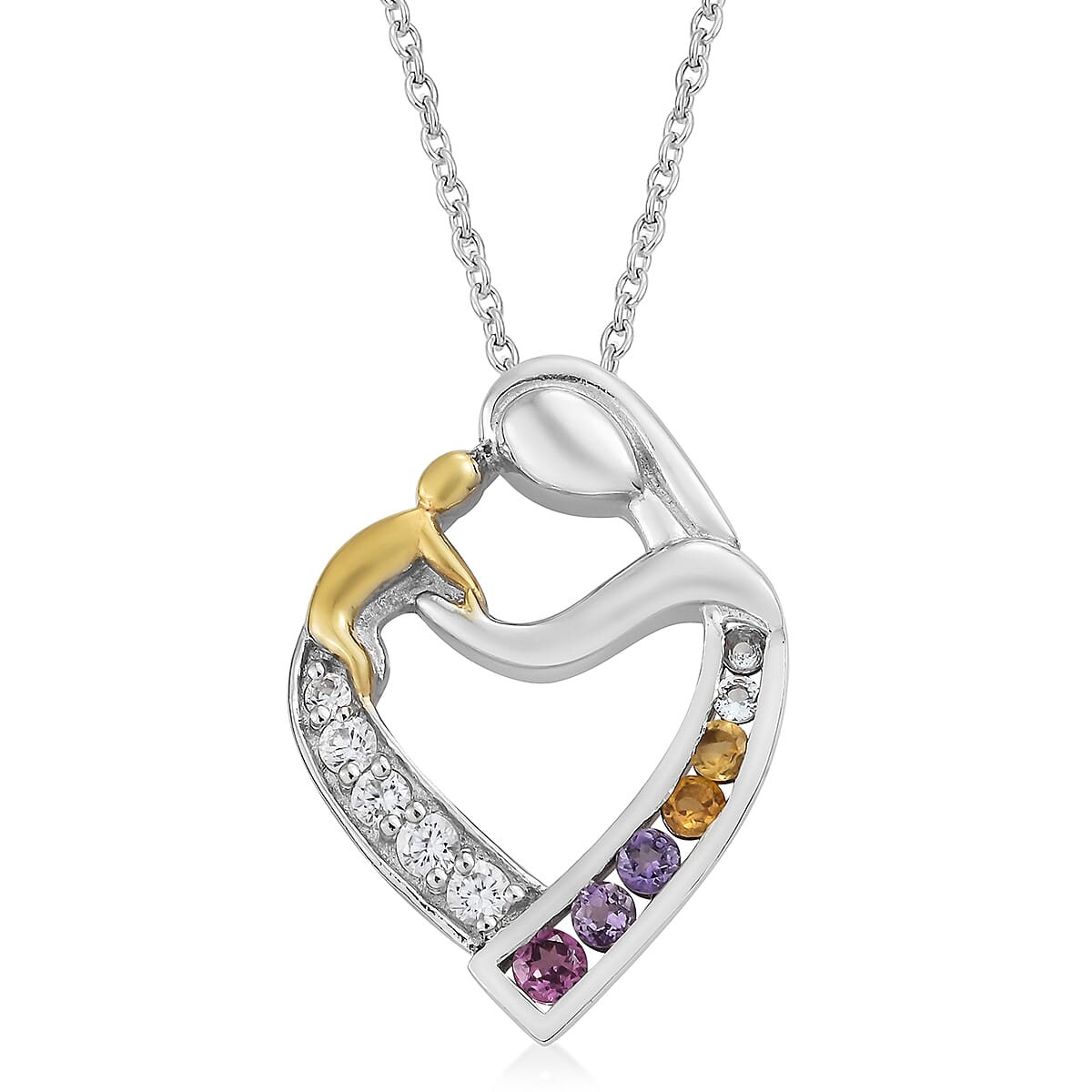 Karis Multi Gemstone Mother and Child Love Heart Pendant Necklace (20 in) in ION Plated 18K YG & Platinum Bond Brass & Stainless Steel with Magnetic Clasp 1.02 ctw