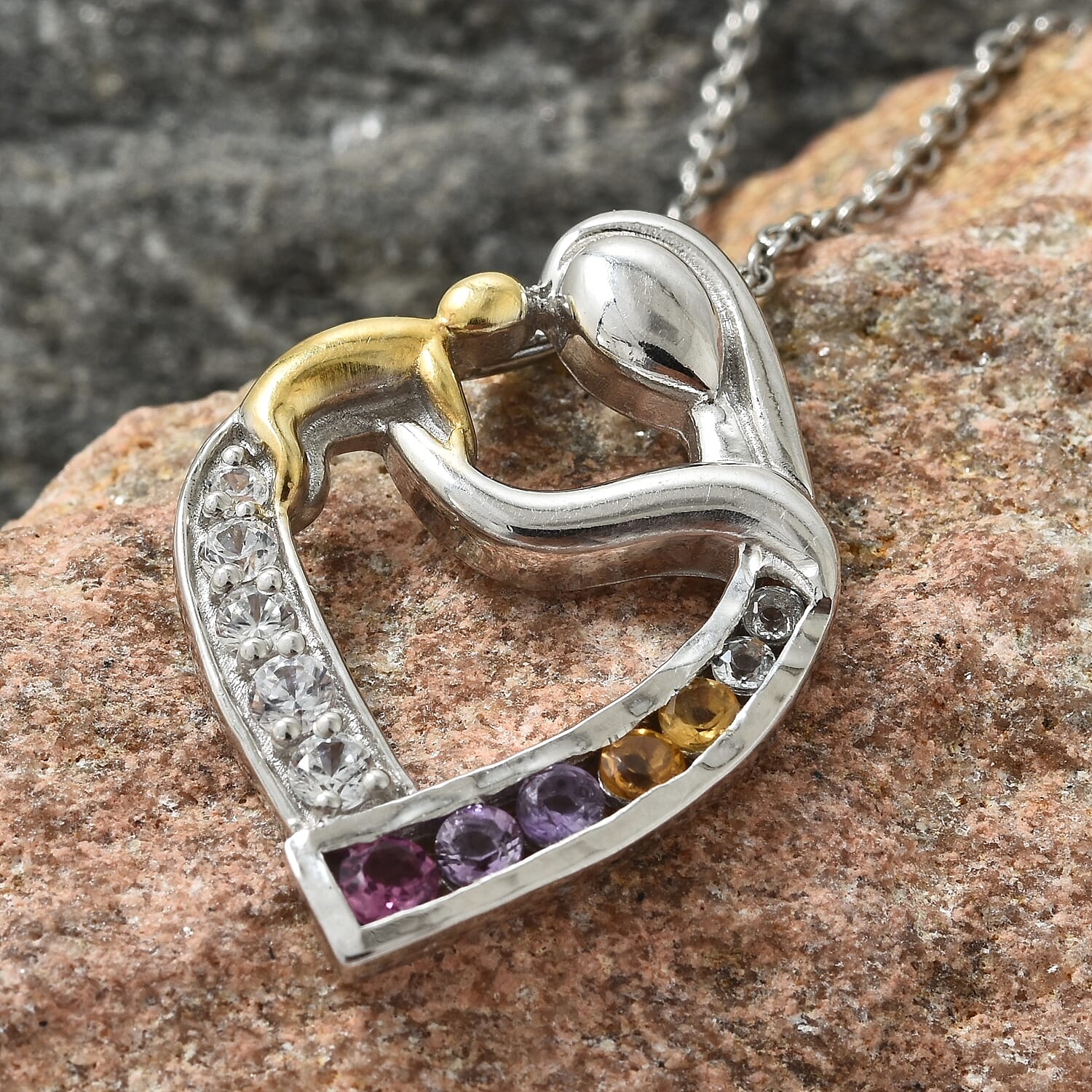 Karis Multi Gemstone Mother and Child Love Heart Pendant Necklace (20 in) in ION Plated 18K YG & Platinum Bond Brass & Stainless Steel with Magnetic Clasp 1.02 ctw