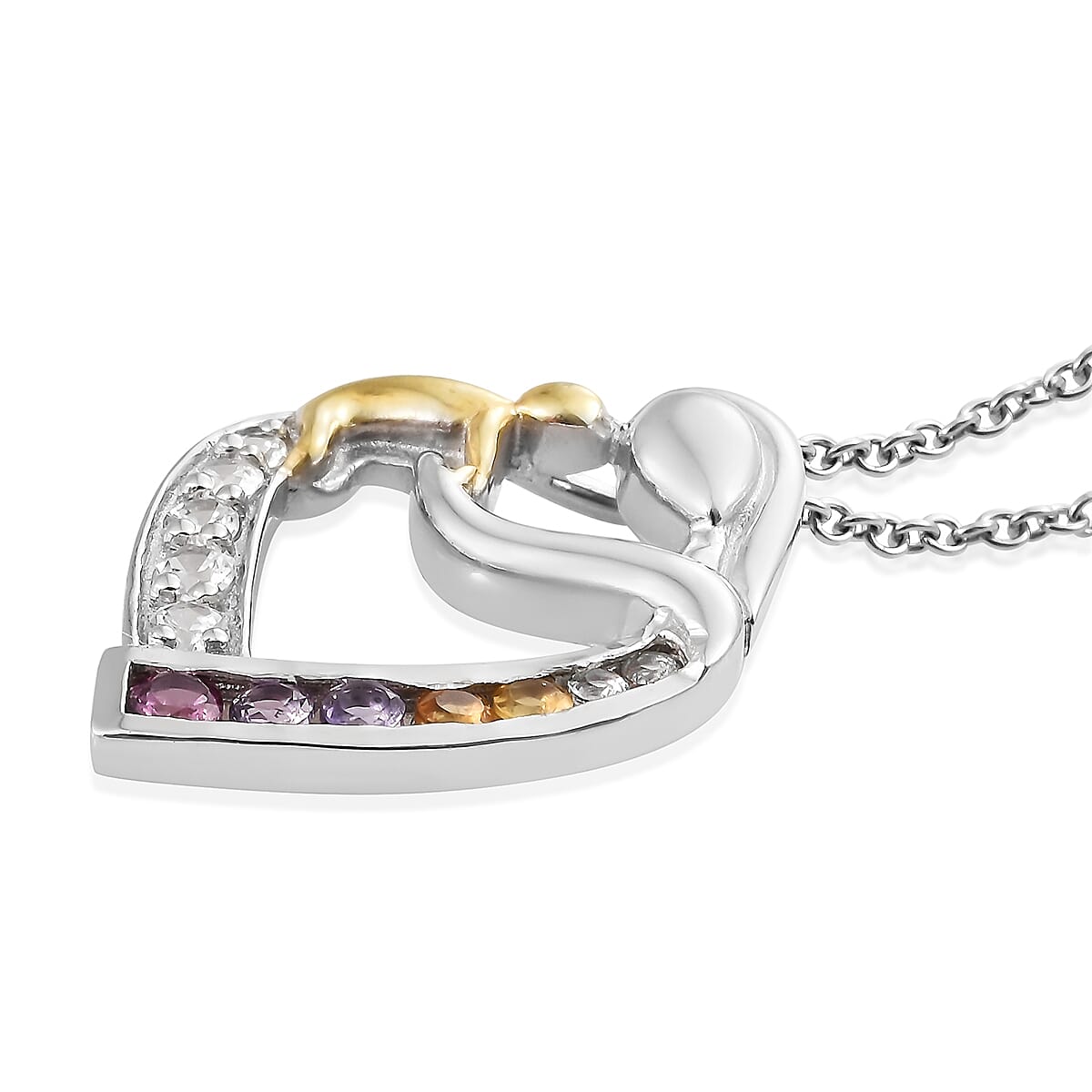 Karis Multi Gemstone Mother and Child Love Heart Pendant Necklace (20 in) in ION Plated 18K YG & Platinum Bond Brass & Stainless Steel with Magnetic Clasp 1.02 ctw