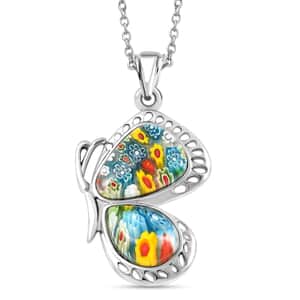 Multi Color Murano Style Flying Butterfly Pendant Necklace in Stainless Steel 20 Inches