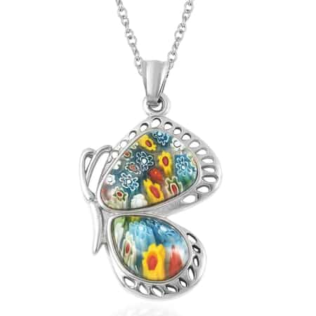 Multi Color Murano Style Flying Butterfly Pendant Necklace 20 Inches in Stainless Steel image number 0