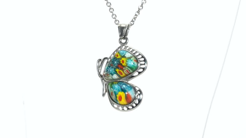 Multi Color Murano Style Side Butterfly Pendant Necklace 20 Inch in Stainless Steel