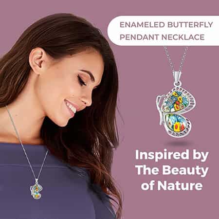 Multi Color Murano Style Flying Butterfly Pendant Necklace 20 Inches in Stainless Steel image number 3