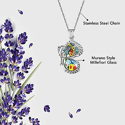 Multi Color Murano Style Flying Butterfly Pendant Necklace in Stainless Steel 20 Inches