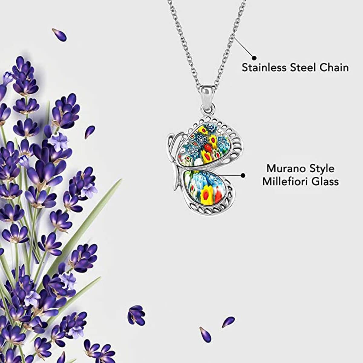 Multi Color Murano Style Flying Butterfly Pendant Necklace 20 Inches in Stainless Steel image number 4