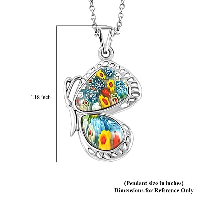 Multi Color Murano Style Flying Butterfly Pendant Necklace in Stainless Steel 20 Inches