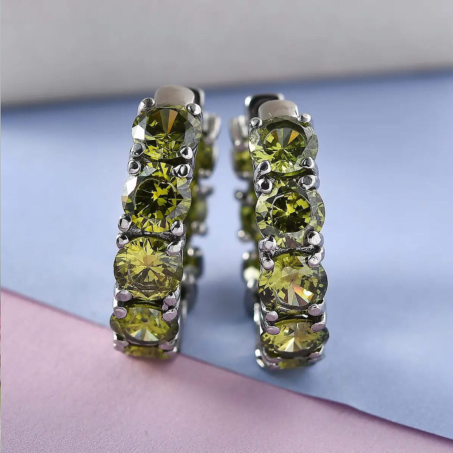 Simulated Green Diamond Earrings in Stainless Steel, Inside Out Hoops, Simulated Diamond Jewelry For Women