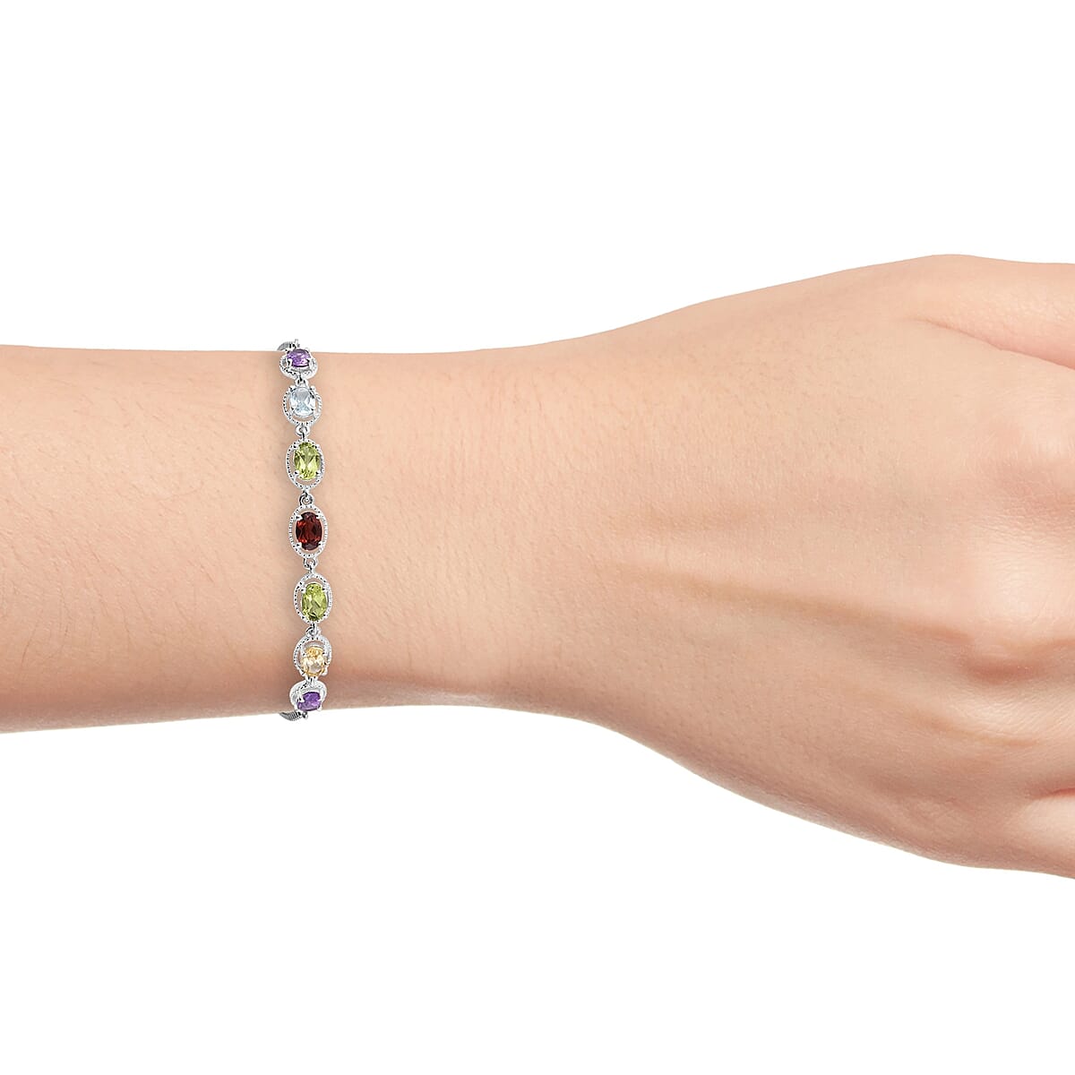 Stainless Steel & Sterling Silver Multi Gemstone Bolo Bracelet| Adjustable Bracelet for Women 3.10 ctw image number 2